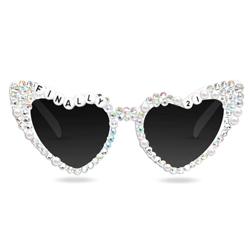 21st Birthday Sunglasses - White Finally 21 Shiny Bling Diamond Pearl Glasses for Girls 21st Birthday Party Supplies (Finally 21-White)