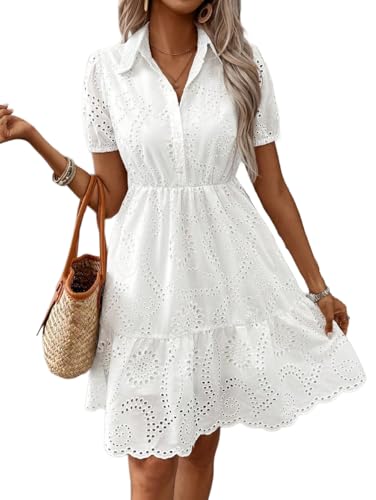 YUTILA Damen Sommerkleid aus 100% Baumwolle – Kurzarm Hemdblusenkleid mit Lochstickerei, Knopfleiste & A-Linien-Schnitt