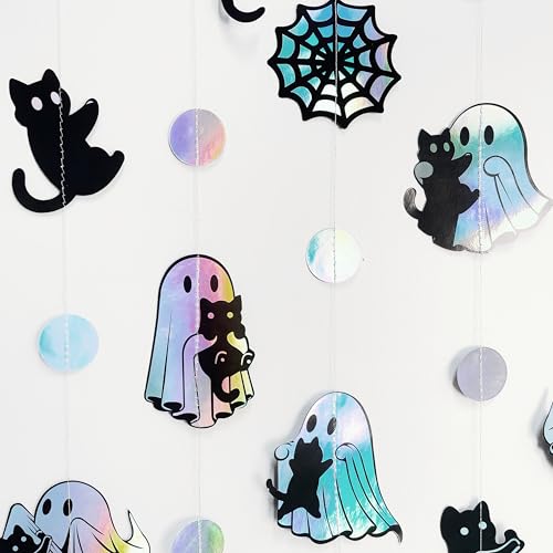 Image of Iridescent Black Halloween Decorations Holographic Ghost Black Cat Spider Web Polka Dot Paper Hanging Garland Streamer Banner for Halloween Birthday Bachelorette Wedding Shower Party Supplies