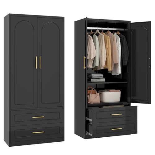 Metal Armoire Wardrobe Closet with 2 Drawer,71Inch Black Clothing Storage Cabinets with Hanging Rod, for Bedroom Home Office Black 71"H-Arc-2 Drawer