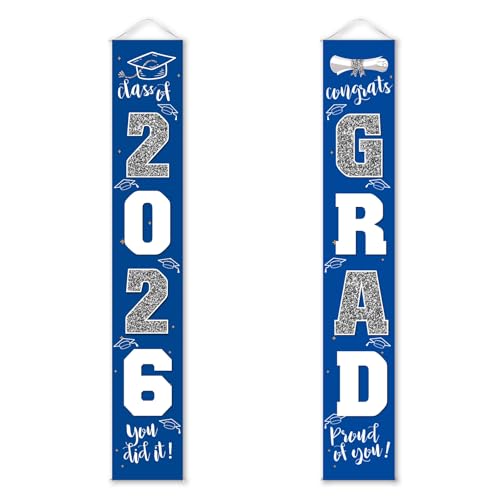 Image of Graduation Decorations Class of 2026 | Congrats Grad Banner - Porch Sign Blue Silver | Grad Party Decorations Graduates Party Supplies