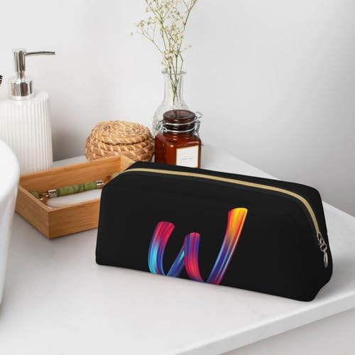 Image of Cute Initial Pencil Case for Kids Simple Leather Pencil Pouch for Boys Girls Letter Design Pencil Box Pen Bag Pencil Pouch Office Stationery Organizer, Rainbow Letter W