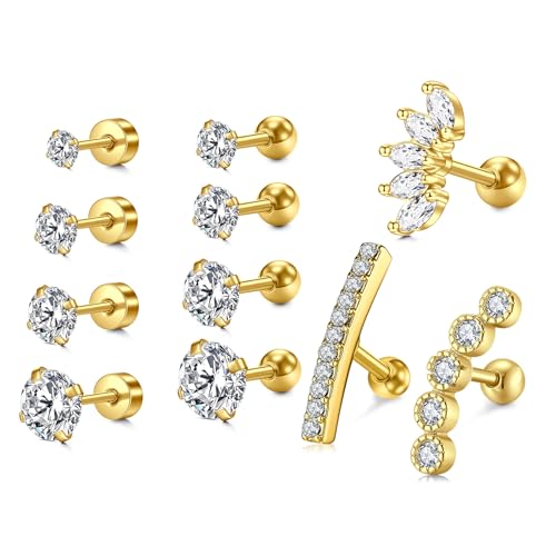 WillTen 11pcs 16G Piercing Oreja Acero Quirurgico Oro, Cartílago Stud Pendientes Helix Tragus Daith Pendientes Body Ear Piercing Joyería 6mm