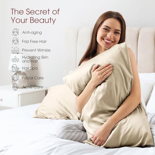 Image of 100% Silk Pillow Cases 2 Pack Queen Size Mulberry Silk Pillowcase for Hair and Skin Set of 2 Highest Grade 6A Silk Soft Breathable Cooling with Hidden Zipper, Beige