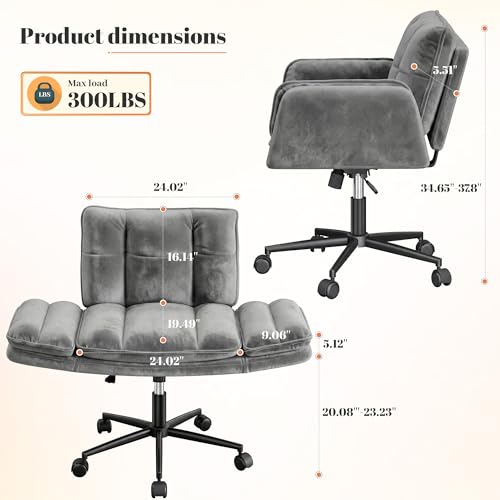 Image of DurayLoly Criss Cross Chair, Flip-Up Arms & Adjustable Height | Velvet, Thick Foam Seat,360 Swivel, Rolling Wheels, for Home Office, Bedroom, Makeup Room, Grey