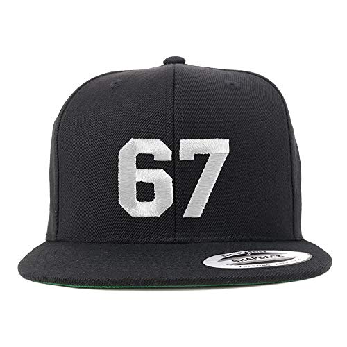 Trendy Apparel Shop Number 67 White Thread Embroidered Flat Bill Snapback Baseball Cap - Black