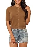 Rocorose Women's Short Sleeve Bolero Cardigan Spring Elegant Button Up Shrug Sweater for Dresses Camel Small