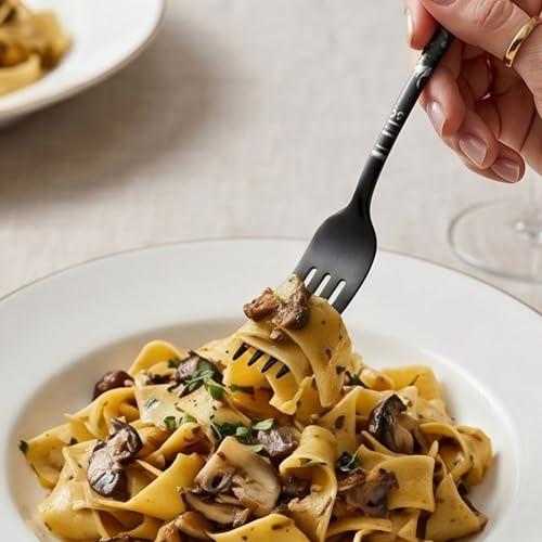 Image of 8.1 inch Charcoal Black Dinner Forks with Floral Printed Handle | 5-Piece Premium Stainless Steel Flatware Set | Elegant Dishwasher-Safe Cutlery for Home, Restaurants, and Gift Giving