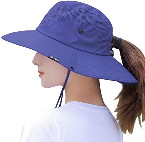 Women's Summer Sun Hat Wide Brim UV UPF50 Protection Hats Foldable Packable Ponytail Bucket Cap for Safari Beach Fishing Gardening Navy