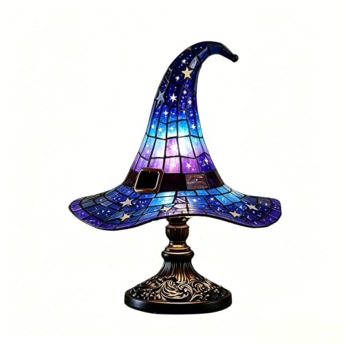 Witch Hat Lamp Stained Glass Witch Lamp Stained Glass Halloween Lamps Vintage Halloween Table Decor Night Light Handcrafted Resin Gothic Wizard Accent Lamps for Bedroom and Bookshelf (Blue)