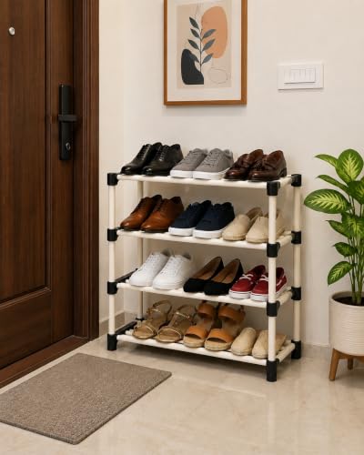 Image of GOLABROS 4 Tier Shoe Rack | Durable Plastic & Metal Shoe Stand | Multipurpose Footwear Storage Organizer | Space Saving Rack for Home, Bedroom & Entryway | Black