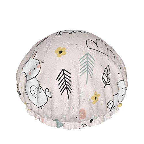 Cute White Bunnies Luxury Shower Cap For Women Waterproof, Reusable Shower Cap For Women Peva Lining Oversized Design For All Hair Lengths 10.6 Ins In Diameter