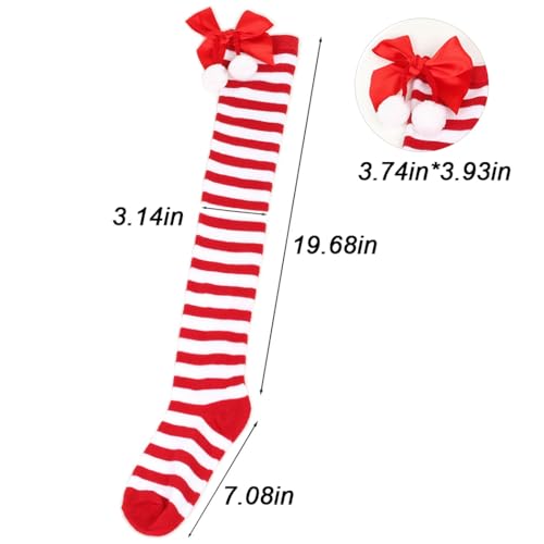 Image of Christmas Thigh High Stockings Bow Striped Stockings Holidays Knee Stocking for Women 2 Pairs