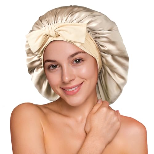 YFONG 100% 22 Momme Mulberry Silk Bonnet for Sleeping Women, Larger Double Layer Silk Hair Wrap for...
