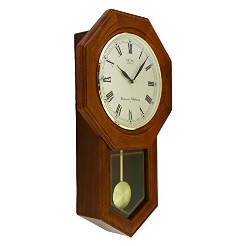 Image of Seiko Elegant Vertical Pendulum Brown Wooden Analog Musical Home Decor Roman Figure Wall Clock (Size: 33 x 9.5 x 54 CM | Weight: 2600 gram | Color: Brown)