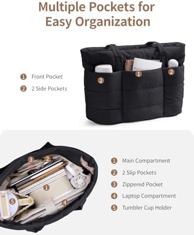 Narwey Tote Bags for Women, Puffer Work Tote Bag Women for Travel, Gym, Beach, School, Shopping, Nurse with Cup Holder & Laptop Compartment Gifts for Women Girls (Black) — view 3