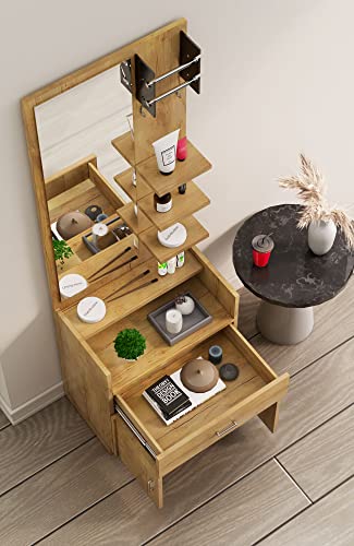 Image of Bniture Wooden Dressing Table for Bedroom with 1 Drawer, Mirror and Huge Storage Space | Long Dresser Vanity Table with Mirror (42D x 60W x 180H CM) | 1 Year Warranty (Giant Wood, HXDR103)
