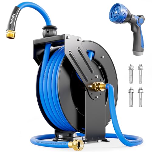 10 Best Heavy Duty Retractable Water Hose Reel for Effortless Garden Maintenance SPECILITE Retractable Hose Reel with 5/8'' Hot/Cold Garden Water Pipe 50ft, -50℉ -190℉, Heavy Duty Metal Wall Mount Spool, with 6ft Lead Hoses, Sprayer Nozzle, 3/4'' Brass Fittings for Garage, Yard