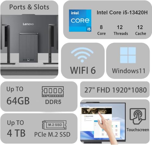 Image of Lenovo IdeaCentre 27 inch Touchscreen All-in-One Desktop Computer • 8-core Intel Core i5 Processor • 64GB DDR5 • 2TB SSD • Office 365 for The Web • Wireless KB&Mouse • Wireless Charging Base • Win 11