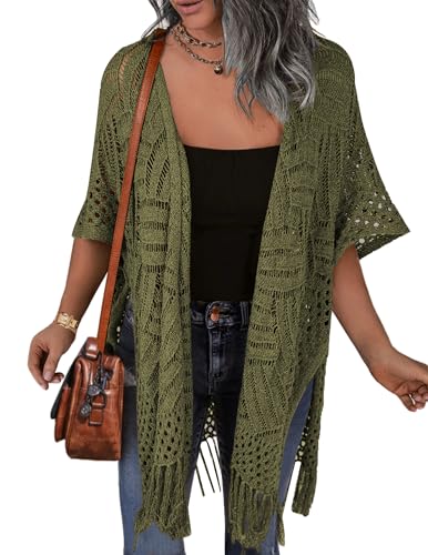 Image of HOTOUCH Womens Knit Cardigan Hollow Out Crochet Lightweight Kimonos Sweater | Open Front Cardigans with Tassel, Short Sleeve Boho Cardigan Sweaters, Beach Coverups, Spring Summer Clothes, Vacation Outfit