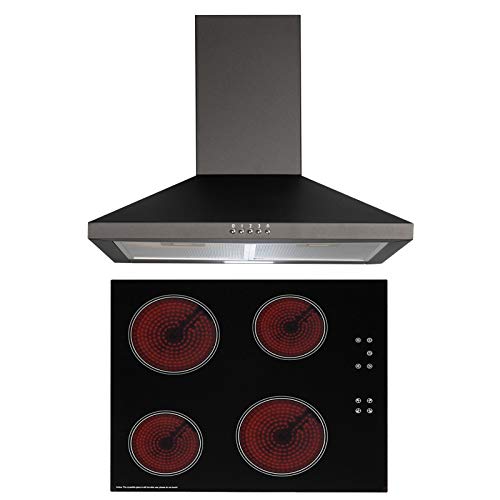 SIA 60cm Black 4 Zone Touch Control Ceramic Hob And Pyramid Chimney Cooker Hood