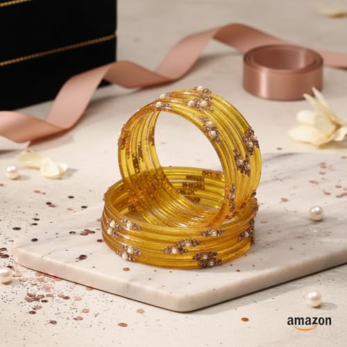 Image of SUNDRAM Women's Premium Fancy Glass Bangles for Women & Girls |with Zircon Gemstone Work & Charm| Traditional Ethnic Bangles Set of 12