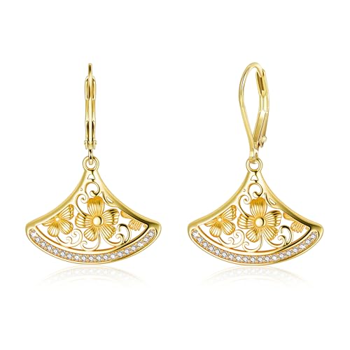 14K Gold Flower Dangle Earrings for Women, Boho Floral Filigree