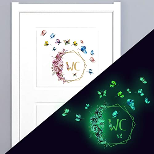 WandSticker4U®- Autocollant WC porte toilette lumineux FLEURS + PAPILLONS I Stickers porte WC fluorescent vrille de vigne I Signe de toilette brille dans le...