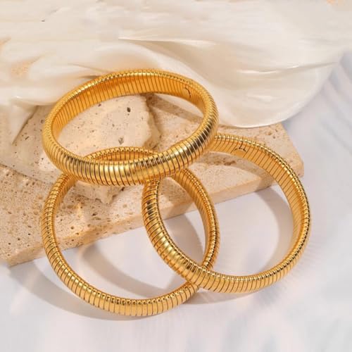 Gold Bangles for Women Set of 3 Chunky Stretch Bangles Bracelets 24K Gold Plated Stainless Steel Bracelets Flexible Wide Stack Bracelets Designer Look Alike Jewelry for Women3