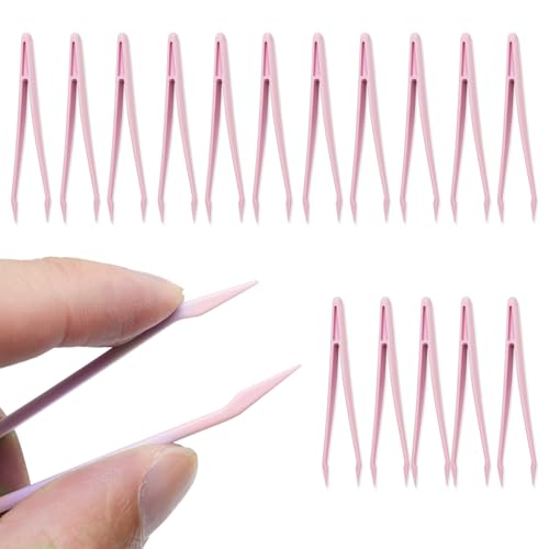 PCOAUSS 12 pcs Plastic Tweezers for Kids Handmade DIY Jewelry Making Forceps Tools 3.14'' Long Creative Decoration Tweezers for Picking and Placing Beads Craft Supplies (Pink)