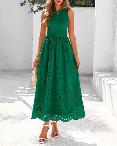 Image of dowerme Women Summer Dresses 2026 Casual Sleeveless Crewneck A-Line Boho Lace Eyelet Cotton Tank Maxi Dress with Pockets