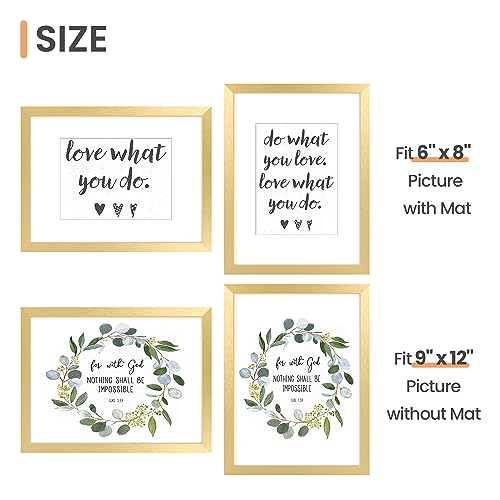 Image of upsimples 9x12 Picture Frame, Display Pictures 6x8 with Mat or 9 x 12 Without, Wall Hanging Photo Frames, Gold, 1 Pack