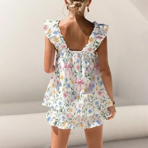 Image of ROAONOCOMO Women Floral Pajama Set Ruffle Babydoll Cami Top Coquette Pj Set Gingham 2 Piece Shorts Outfit Bridal Loungewear