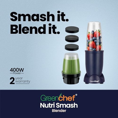 Image of Greenchef Nutri Smash Food Blender| Stainless Steel blades| Anti Slip Base| 400 Watts Power| 2 jars with 3 lids| Warranty 2 Years