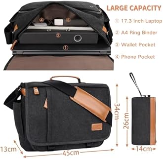 Estarer 15.6-17.3 Inch Laptop Messenger Bag for Work School,Mens Water Resistant Canvas Crossbody Shoulder Bag