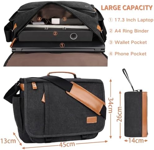 Estarer 15.6-17.3 Inch Laptop Messenger Bag for Work School,Mens Water Resistant Canvas Crossbody Shoulder Bag