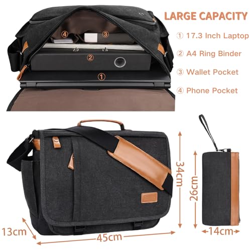 Estarer 15.6-17.3 Inch Laptop Messenger Bag for Work School,Mens Water Resistant Canvas Crossbody Shoulder Bag