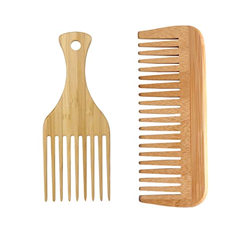 LZZEM 2Pcs Wide Tooth Wooden Comb Set Natural Sandalwood Afro Pick Comb for Gentle Detangling Anti-Static & Scalp Massage Eco-Friendly for Curly Wavy Thick or Straight Hair, Women & Girls