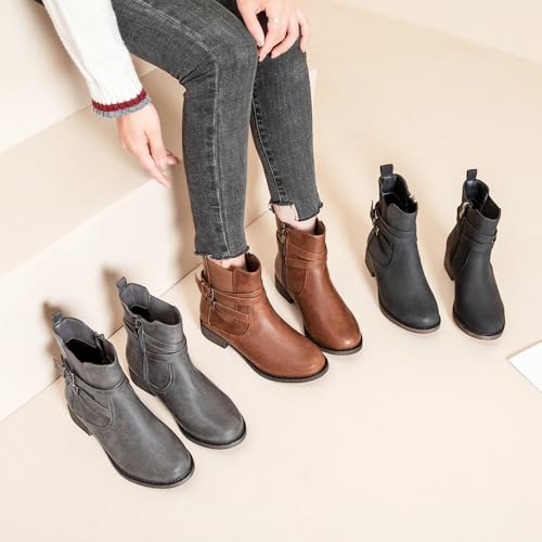 Ataiwee Women's Ankle Boots - Classic Side Zip, Comfortable Platform, Cover with Buckle Strap, Round Toe, Low Chunky Heel Comfort Slip On Fashion (Black/Dark Brown/Grey) Boots. 6