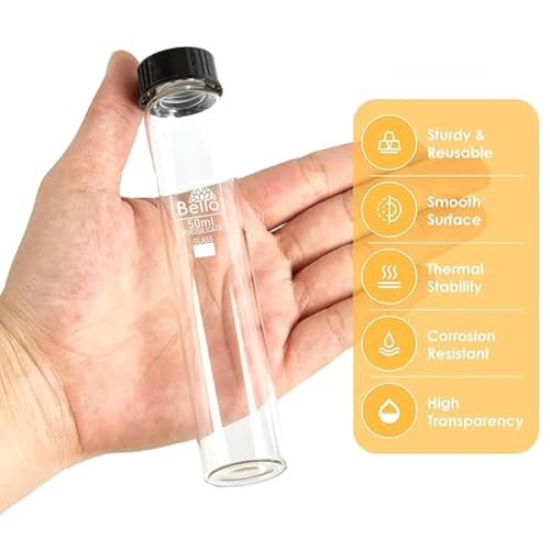Image of Bello 50ml 10pcs Clear Glass Vials Culture Tube, Glass Sample Vial with PE Stopper, Leak-Proof Glass Bottles Containers Essential Oil Bottles for Storage Liquid, Pills and Lab Home Kitchen Use.