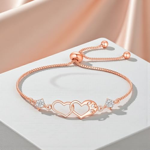 Image of Nilu's Collection Double Heart Shape Cubic Zirconia Charm Bracelet, Love Bracelet for Women and Girls, Valentine's Day Gift