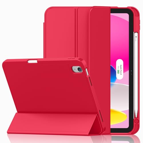 iMieet Case for iPad (A16)/iPad 10th Generation [11-Inch 2025/10.9 Inch 2022] Trifold Stand Smart Cover with Pencil Holder and Soft TPU Back Supports Touch ID(Red)