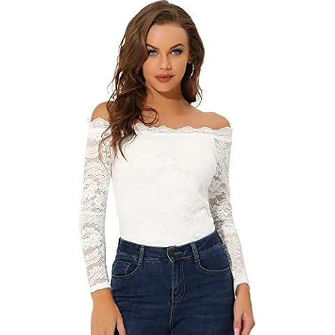 Allegra K Blusa de Manga Larga con Encaje Floral Blanco Cover