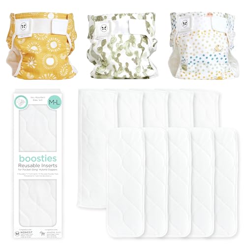 Image of Honest Hybrid Cloth Diaper Cover + Super Boosties Reusable Inserts, Large (22-40 lbs), Cotton Muslin Honest Covers Feature Pocket-Sling, 3 Pack, Boosties Inserts 10 Count