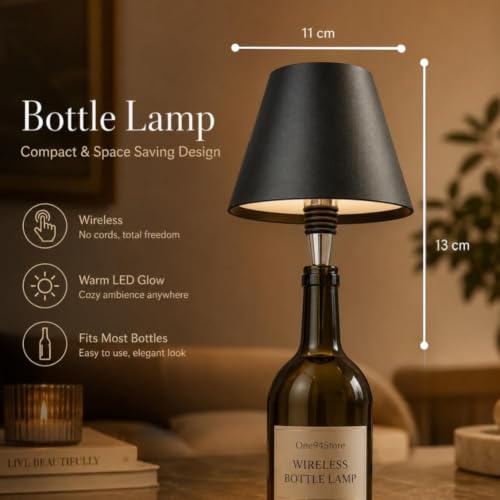 Image of One94Store Wireless Bottle Lamp, Rechargeable Cordless LED Table Lamp with 3 Colour Modes, Touch Dimming, Portable Battery Desk Night Light for Cafe, Restaurant, Bedroom & Living Room, Black.