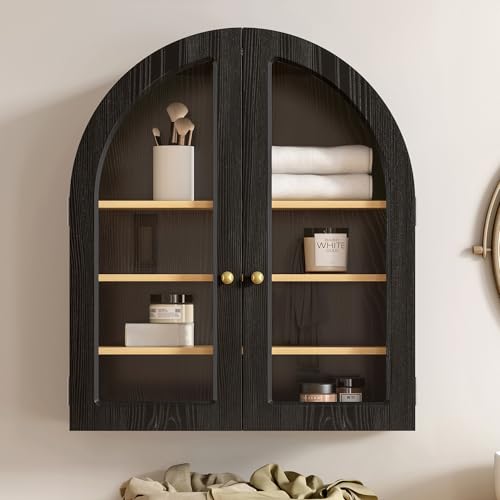EYYTHUNG Arched Wall Cabinet Large Bathroom Medicine Cabinet Wall Mounted Cupboard Modern Floating Storage Cabinet with Acrylic Door Adjustable Shelf Wood Organizer (Black-Oak)