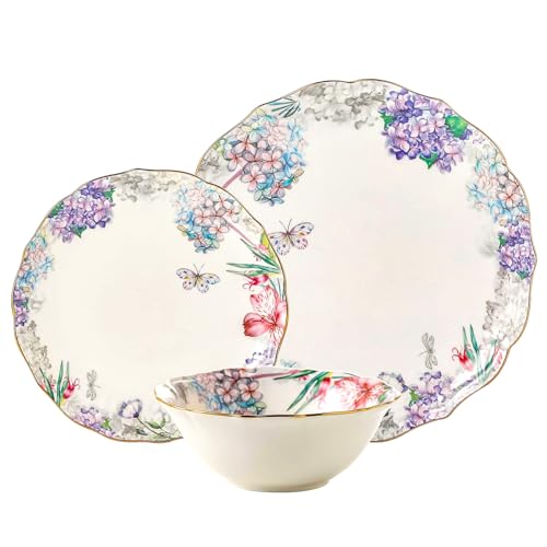 Bone China Dinnerware - 12-Piece Purple Floral Set for 4, Perfect for Christmas Gifts