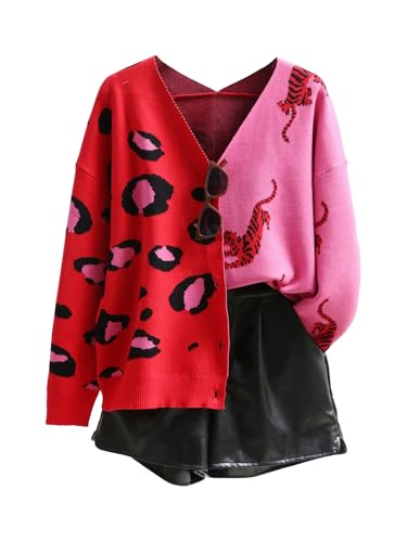 WDIRARA Women's Leopard Tiger Print Cardigan V Neck Long Sleeve Color Block Button Down Sweater Outwear