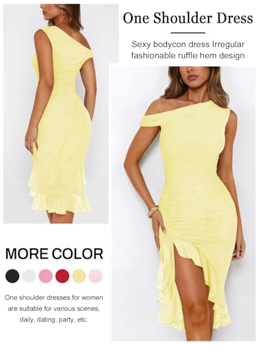 Women Sleeveless One Shoulder Bodycon Midi Dress Summer Side Slit Mesh Irregular Ruffle Cocktail Dress for Women2