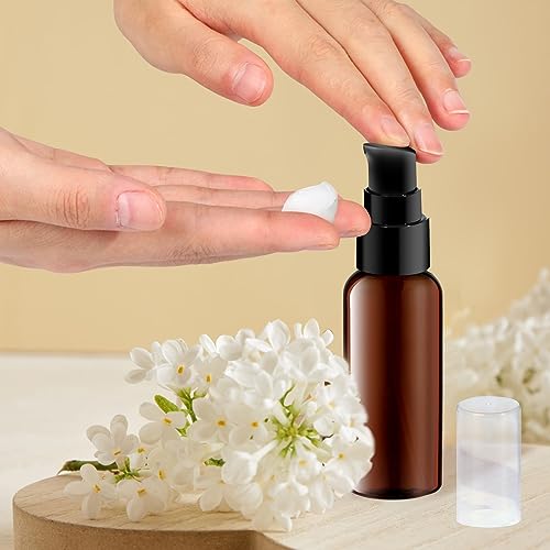 RAYNAG 5 Pack Travel Pump Bottles Empty Refillable Plastic Pump Bottle Spray Bottle Dispenser With Black Cap for Lotion Cream Essential Oil Travel Container, 50ml/1.7oz (Brown)2
